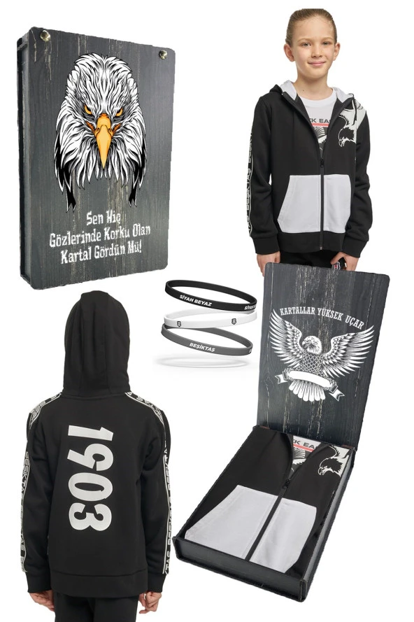 Beşiktaş Orijinal Lisanslı Kartal Baskı Kapüşonlu Çocuk Sweat + Bileklik Set Hediyelik Ahşap Kutulu ürün görseli 1