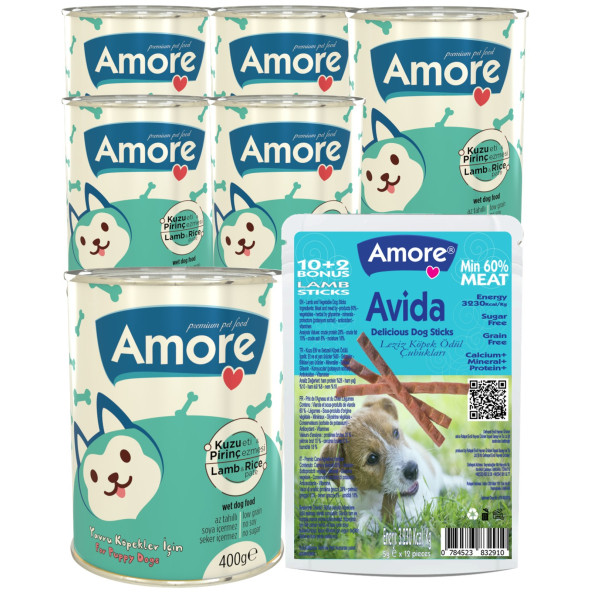 Amore Puppy 6lı Yavru Köpek Konservesi Kuzu Etli Pirinçli, 12li Avida Lamb Sticks ürün görseli 1