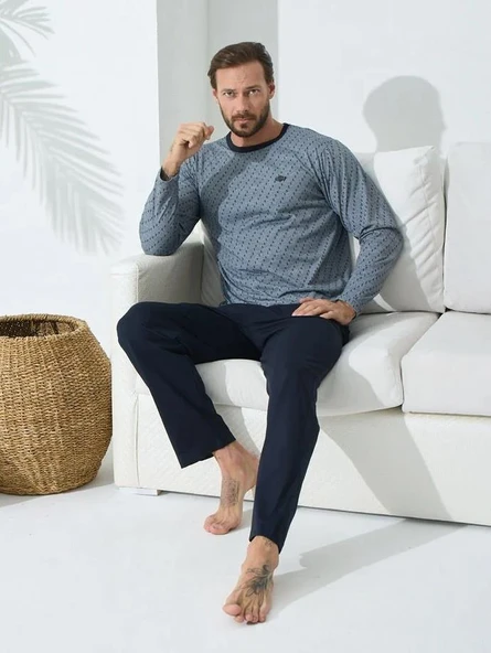 Kly 9243 Uzun Kol 0 Yaka 4 Mevsim Erkek Pijama Takımı ürün görseli 1