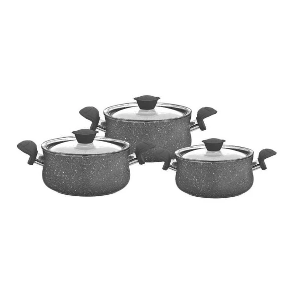 Oms Granit Güveç Set 3lü Granit Mini Tencere Takımı Cam Kapaklı ürün görseli 1