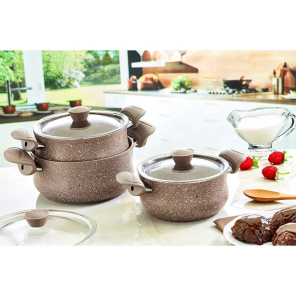 Oms Granit Güveç Set 3lü Granit Mini Tencere Takımı Cam Kapaklı ürün görseli 1