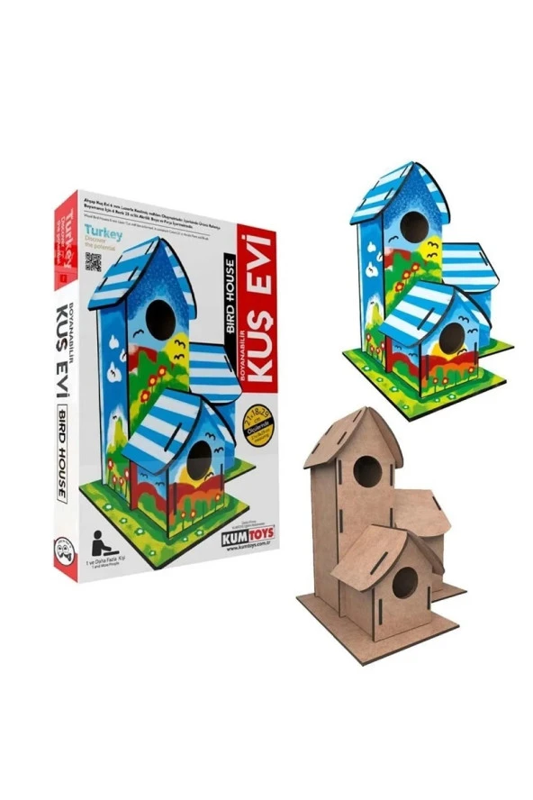 MAKET BOYANABİLİR KUŞ EVİ BOYAMA MAKETİ NATUREL AHŞAP BOYAMA BIRD HOUSE 6 RENK AKRİLİK BOYA FIRÇA ürün görseli 1