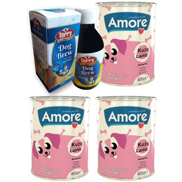 Amore Kuzu Parça Etli Yavru Köpek 3-Konservesi, Terry Dog Brew Premiks D-Biotin Taurin 200ml Malt İçeceği ürün görseli 1