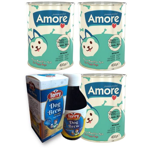 Amore Kuzu Etli Pate Yavru Köpek 3-Konservesi, Terry Dog Brew Premiks D-Biotin Taurin 200ml Malt İçeceği ürün görseli 1