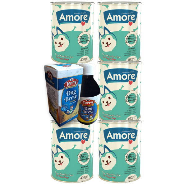 Amore Kuzu Etli Pate Yavru Köpek 5-Konservesi, Terry Dog Brew Premiks D-Biotin Taurin 200ml Malt İçeceği ürün görseli 1