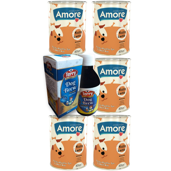 Amore Kuzu Parça Etli Köpek 5-Konservesi, Terry Dog Brew Premiks D-Biotin Taurin 200ml Malt İçeceği ürün görseli 1