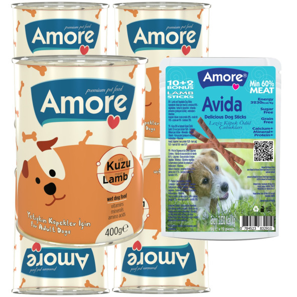 Amore Kuzu Parça Etli Köpek Konservesi 5li, Avida Lamb Sticks Ödül Çubukları 12li ürün görseli 1