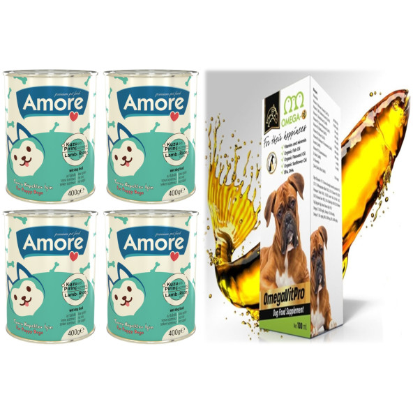 Omegavitpro Somon Balık Yağı 100ml + Amore Puppy Kuzu Etli Yavru Köpek Konservesi 4x400g ürün görseli 1