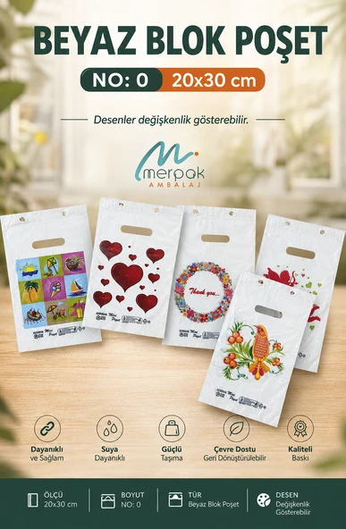 Beyaz Poşet 100'lü No 0 Takviyeli Poşet 20x30 cm El Geçme Baskılı Blok Poşet ürün görseli 1