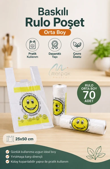 Rulo Poşet Orta Boy 25x50 Cm Gülenyüz Baskılı Poşet Atlet Poşet Market Manav Poşeti Çöp Poşeti ürün görseli 1