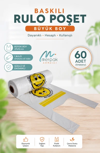 Rulo Poşet Büyük Boy 27x55 Cm Gülenyüz Baskılı Poşet Atlet Poşet Market Manav Poşeti Çöp Poşeti ürün görseli 1