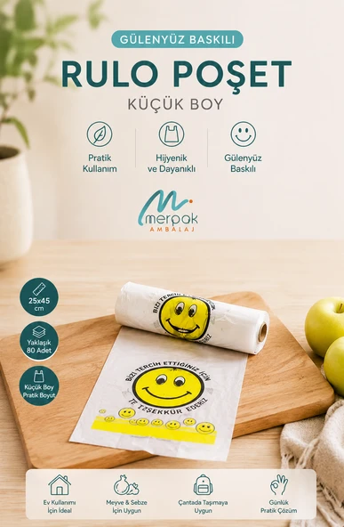 Rulo Poşet Küçük Boy 25x45 Cm Gülenyüz Baskılı Poşet Atlet Poşet Market Manav Poşeti Çöp Poşeti ürün görseli 1