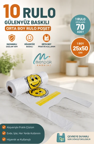 Gülenyüz Baskılı Rulo Poşet Orta Boy 10 Rulo Hışır Atlet Poşet Market Manav Poşeti ürün görseli 1