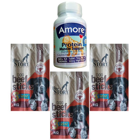 Amore Köpek Protein Vitamin Tablet 72li Kas Desteği, Sığır Etli Köpek Ödül Sticks 3 adet 3lü ürün görseli 1