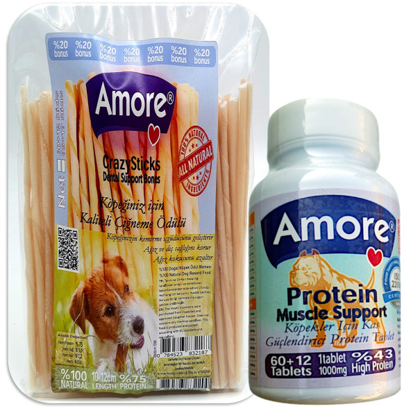 Amore Köpek Protein Vitamin Tablet 72li Kas Desteği, CrazySticks 114lü Burgu Çiğneme Ödül Çubuk ürün görseli 1