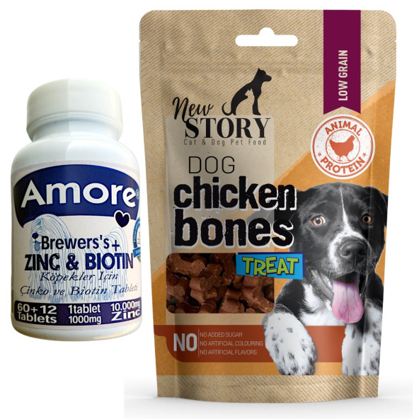 Amore Köpek Çinko Biyotin Tableti 72li Tüy Dökümü, New Story Chicken Bones 80gr Ödül Maması ürün görseli 1