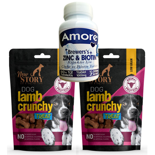 Amore Köpek Çinko Biyotin Tableti 72li Tüy Dökümü, New Story Lamb Crunchy 2x80gr Ödül Maması ürün görseli 1