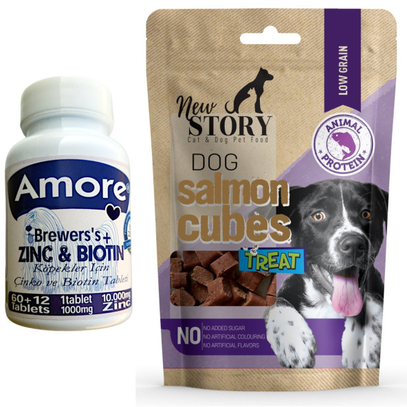 Amore Çinko Biyotin Tableti 72li Tüy Dökümü, New Story Salmon Cubes 80gr Köpek Ödül Çubuğu ürün görseli 1