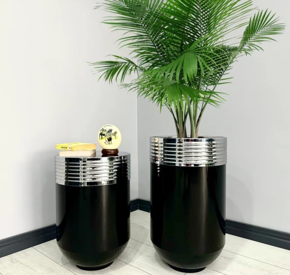 ELEGANT Dekoratif Krom Darbuka Parlak Siyah Saksı 70cm + Sehpa 60cm İkili Set ürün görseli 1