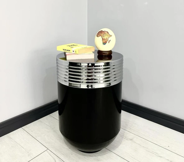 ELEGANT Dekoratif Krom Darbuka Parlak Siyah Sehpa 60cm ürün görseli 1