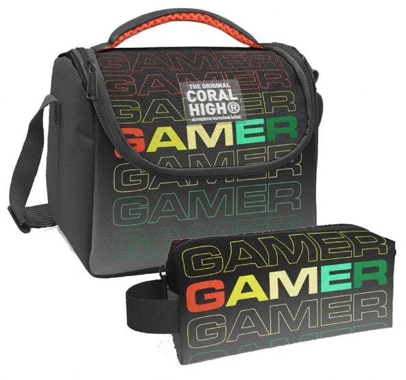 Coral High Siyah Gri Gamer Desenli Erkek Çocuk Isı Yalıtımlı Beslenme Çantası ve Kalemlik Seti ürün görseli 1