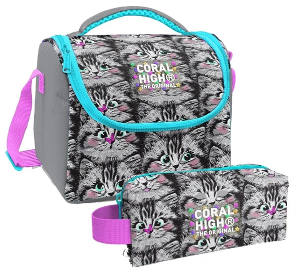 Coral High Gri Kedi Desenli Kız Çocuk Isı Yalıtımlı Beslenme Çantası ve Kalemlik Seti ürün görseli 1