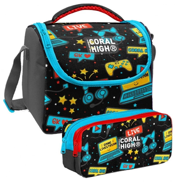 Coral High Siyah Mavi Gamer Desenli Erkek Çocuk Isı Yalıtımlı Beslenme Çantası ve Kalemlik Seti ürün görseli 1