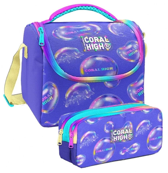 Coral High Lavanta Pembe Baloncuk Desenli Kız Çocuk Isı Yalıtımlı Beslenme Çantası ve Kalemlik Seti ürün görseli 1