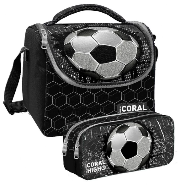 Coral High Siyah Futbol Desenli Erkek Çocuk Isı Yalıtımlı Beslenme Çantası ve Kalemlik Seti ürün görseli 1