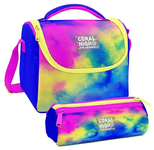 Coral High Renkli Batik Desenli Kız Çocuk Isı Yalıtımlı Beslenme Çantası ve Kalemlik Seti ürün görseli 1
