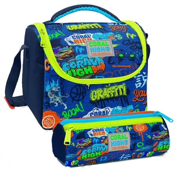 Coral High Saks Grafiti Desenli Erkek Çocuk Isı Yalıtımlı Beslenme Çantası ve Kalemlik Seti ürün görseli 1