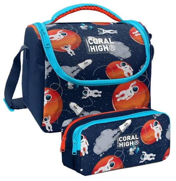 Coral High Lacivert Mavi Astronot Desenli Erkek Çocuk Isı Yalıtımlı Beslenme Çantası ve Kalemlik Seti ürün görseli 1