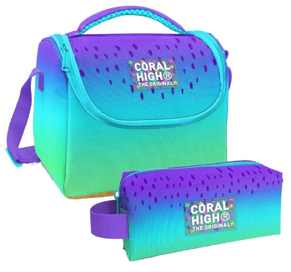Coral High Mor Lila Renk Geçişli Desenli Kız Çocuk Isı Yalıtımlı Beslenme Çantası ve Kalemlik Seti ürün görseli 1