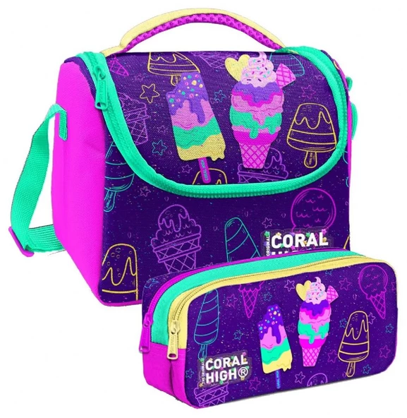 Coral High Mor Pembe Dondurma Desenli Kız Çocuk Isı Yalıtımlı Beslenme Çantası ve Kalemlik Seti ürün görseli 1