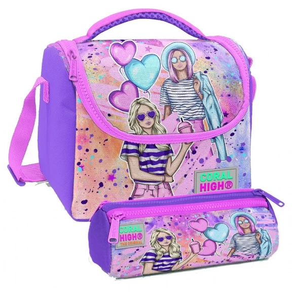 Coral High Pembe Mor Fashion Girl Desenli Kız Çocuk Isı Yalıtımlı Beslenme Çantası ve Kalemlik Seti ürün görseli 1