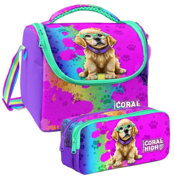 Coral High Mor Pembe Köpek Desenli Kız Çocuk Isı Yalıtımlı Beslenme Çantası ve Kalemlik Seti ürün görseli 1