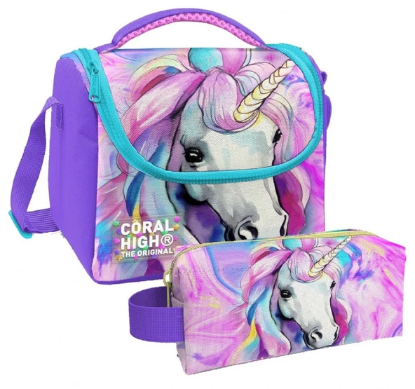 Coral High Unicorn Desenli Kız Çocuk Isı Yalıtımlı Beslenme Çantası ve Kalemlik Seti ürün görseli 1