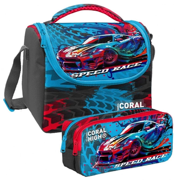 Coral High Gri Mavi Yarış Arabası Desenli Erkek Çocuk Isı Yalıtımlı Beslenme Çantası ve Kalemlik Seti ürün görseli 1