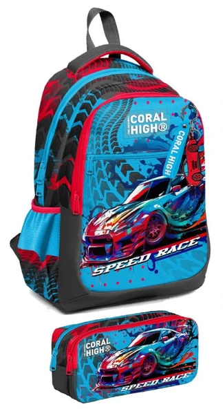Coral High İlkokul Sırt Çantası ve Kalemlik Seti - Erkek Çocuk - Gri Mavi Yarış Arabası ürün görseli 1
