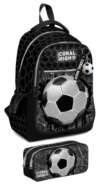 Coral High İlkokul Sırt Çantası ve Kalemlik Seti - Erkek Çocuk - Siyah Futbol ürün görseli 1