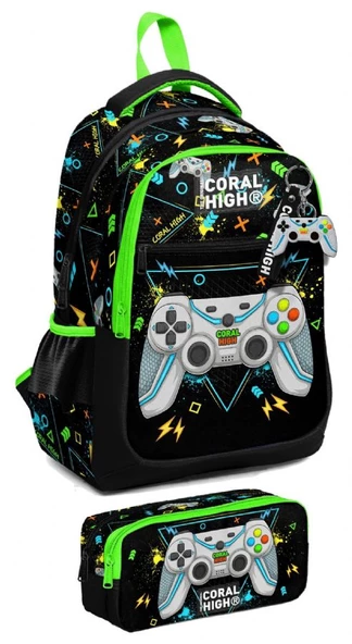 Coral High İlkokul Sırt Çantası ve Kalemlik Seti - Erkek Çocuk - Siyah Fosforlu Yeşil Gamer ürün görseli 1