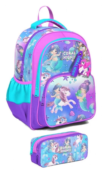 Coral High İlkokul Sırt Çantası ve Kalemlik Seti - Kız Çocuk - Mor Pembe Unicorn ürün görseli 1