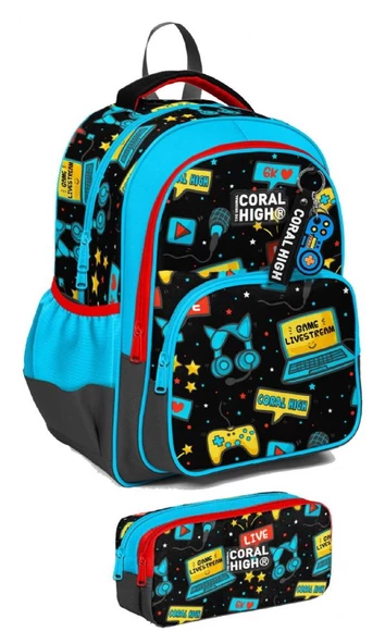 Coral High İlkokul Sırt Çantası ve Kalemlik Seti - Erkek Çocuk - Siyah Mavi Gamer ürün görseli 1