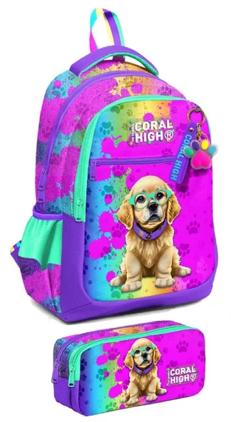 Coral High İlkokul Sırt Çantası ve Kalemlik Seti - Kız Çocuk - Mor Pembe Köpek ürün görseli 1