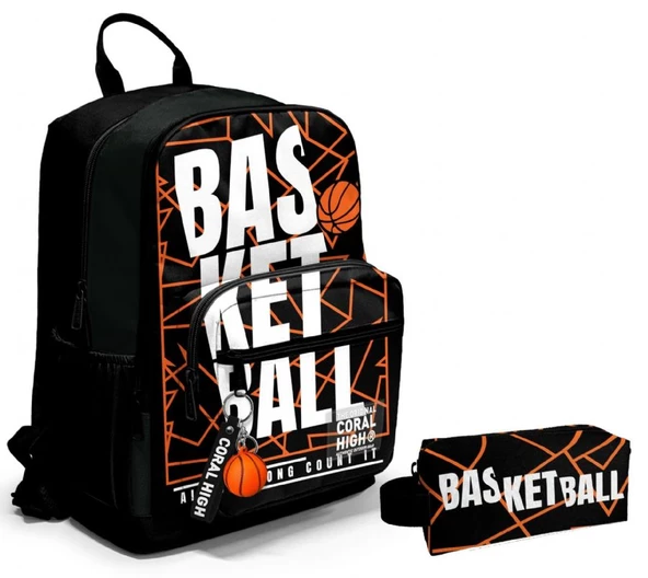 Coral High Dört Bölmeli Ortaokul Sırt Çantası ve Kalemlik Seti - Siyah Basketbol - Erkek Çocuk ürün görseli 1