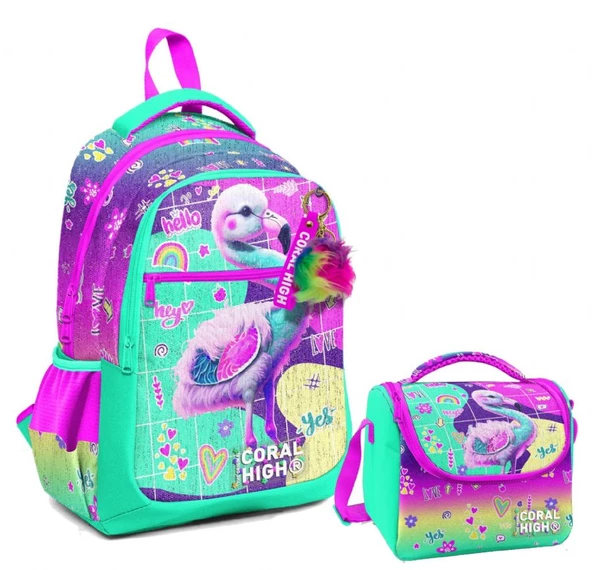 Coral High Üç Gözlü İlkokul Çantası ve Beslenme Çantası - Pembe Su Yeşili Flamingo Desenli - Kız Çocuk ürün görseli 1