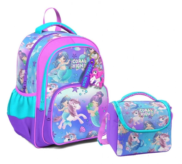 Coral High Üç Gözlü İlkokul Çantası ve Beslenme Çantası - Mor Pembe Unicorn Desenli - Kız Çocuk ürün görseli 1