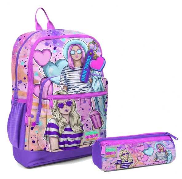Coral High İlkokul Sırt Çantası ve Kalemlik Seti - Pembe Mor Fashion Girl - Kız Çocuk ürün görseli 1