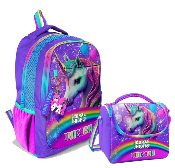 Coral High Kız Çocuk Üç Gözlü İlkokul ve Ortaokul Sırt Çantası+Beslenme - Mor Simli Unicorn ürün görseli 1