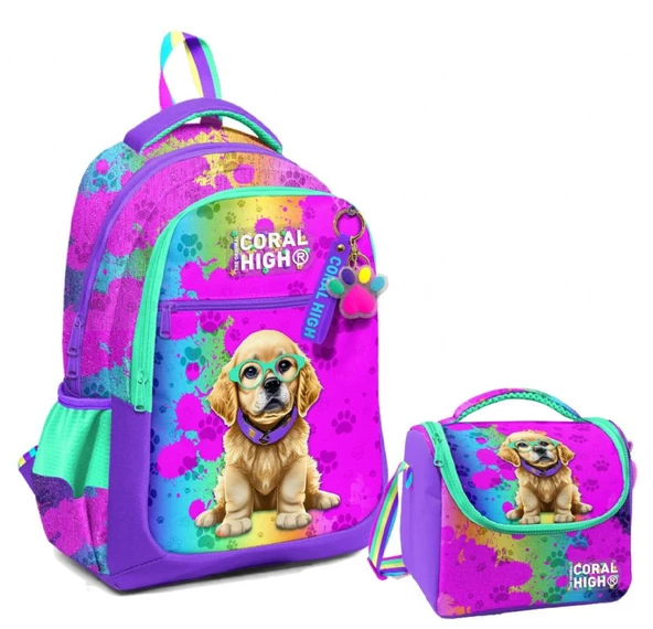 Coral High Üç Gözlü İlkokul Çantası ve Beslenme Çantası - Mor Pembe Köpek Desenli - Kız Çocuk ürün görseli 1